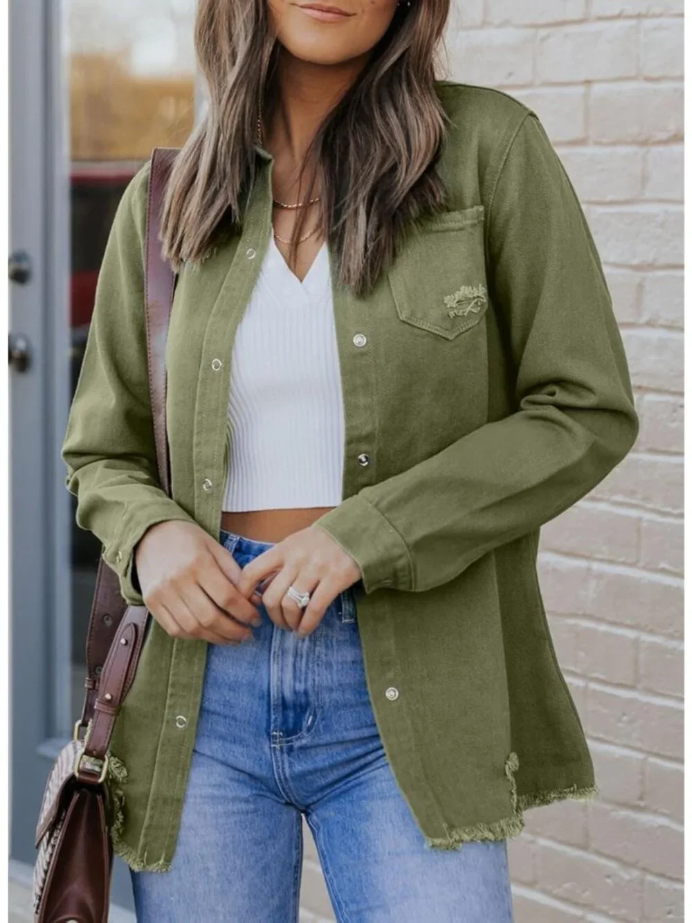 Women's Green Denim Button Down Oversized Distressed Boyfriend Jean Jacket